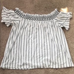 American Eagle White Striped Off the Shoulder Top